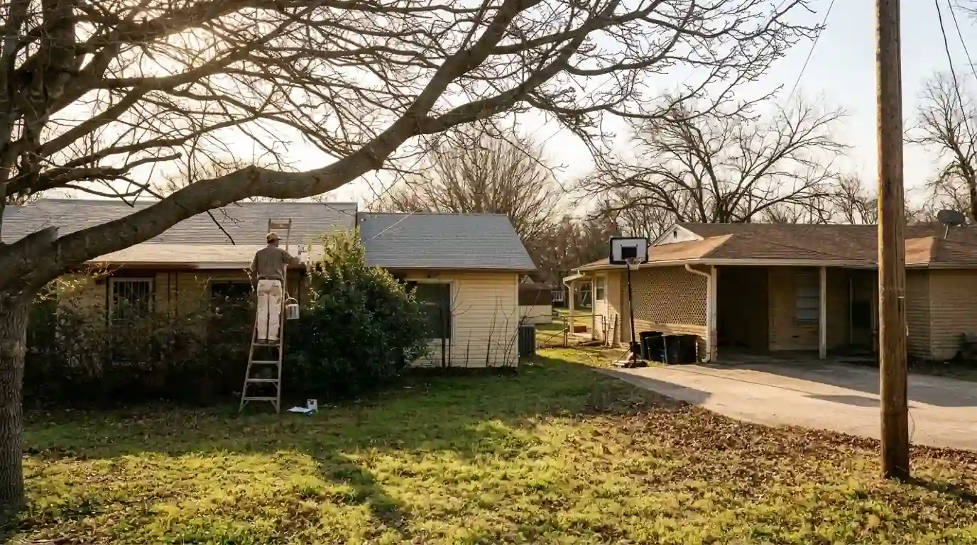 Painter repairing fascia on a Benbrook ranch under oak trees