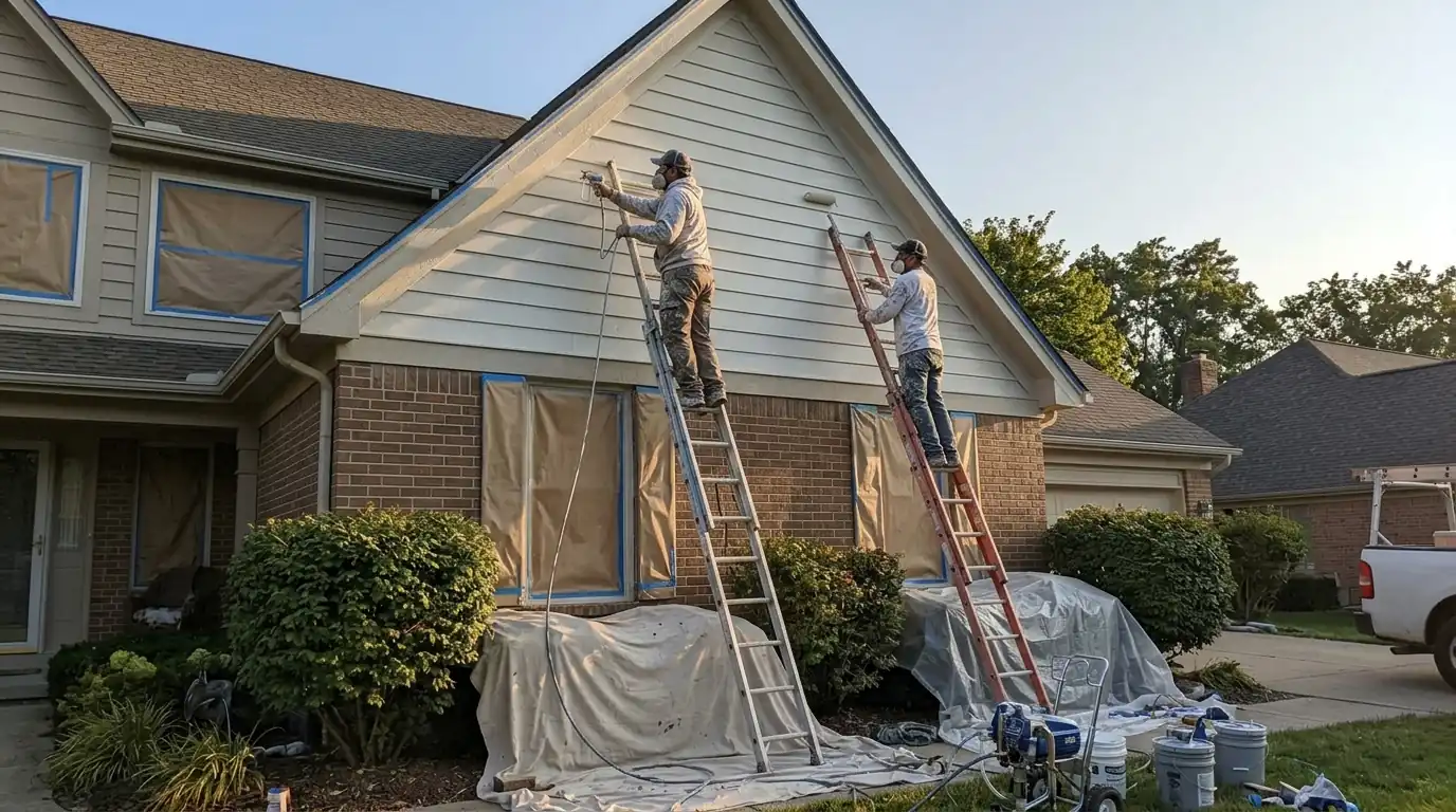 Painters spraying and back-rolling gable siding