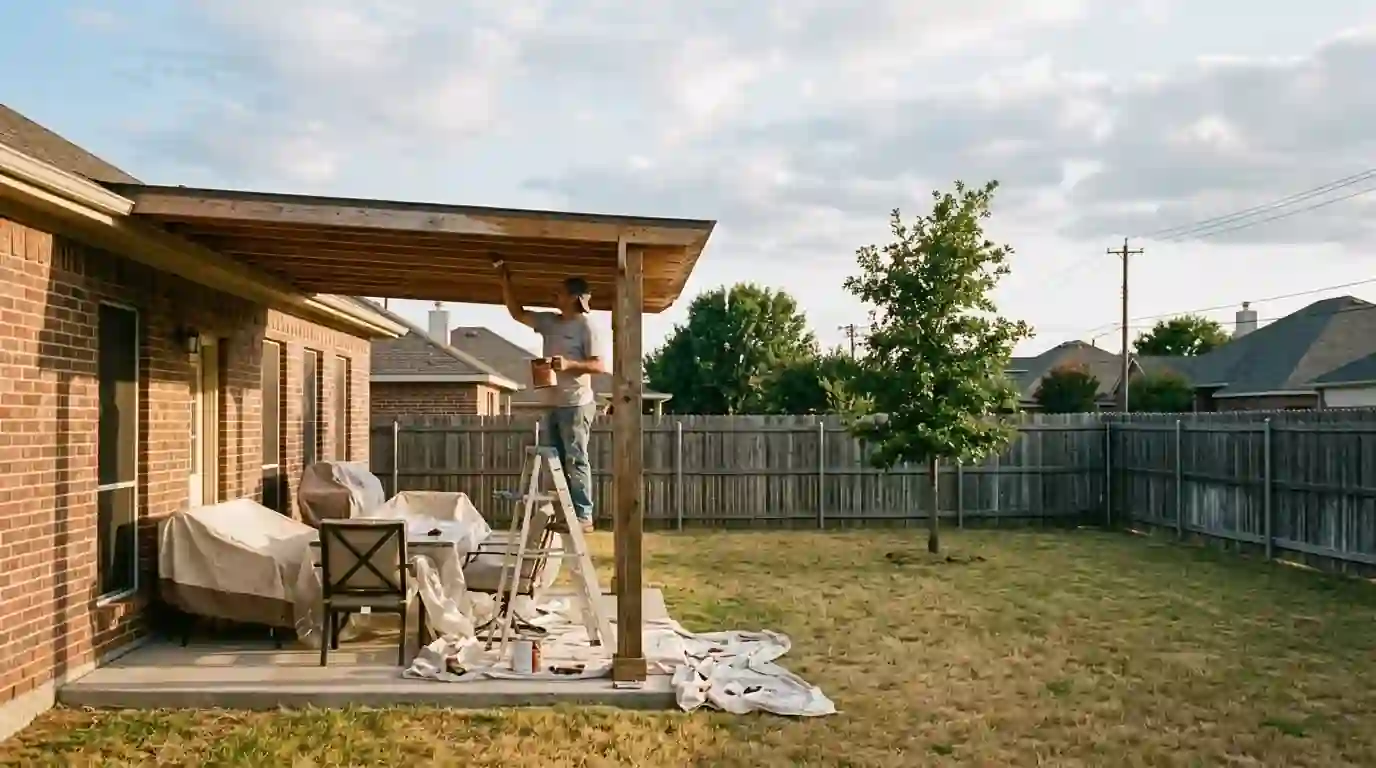 Painter staining a wood patio cover in a Summerfields backyard