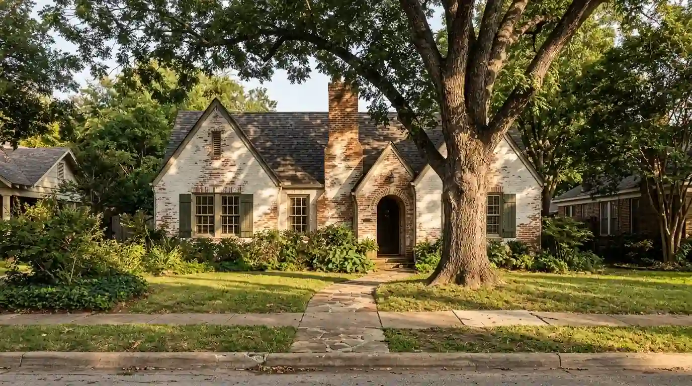Limewashed brick Tudor cottage in a historic Fort Worth neighborhood