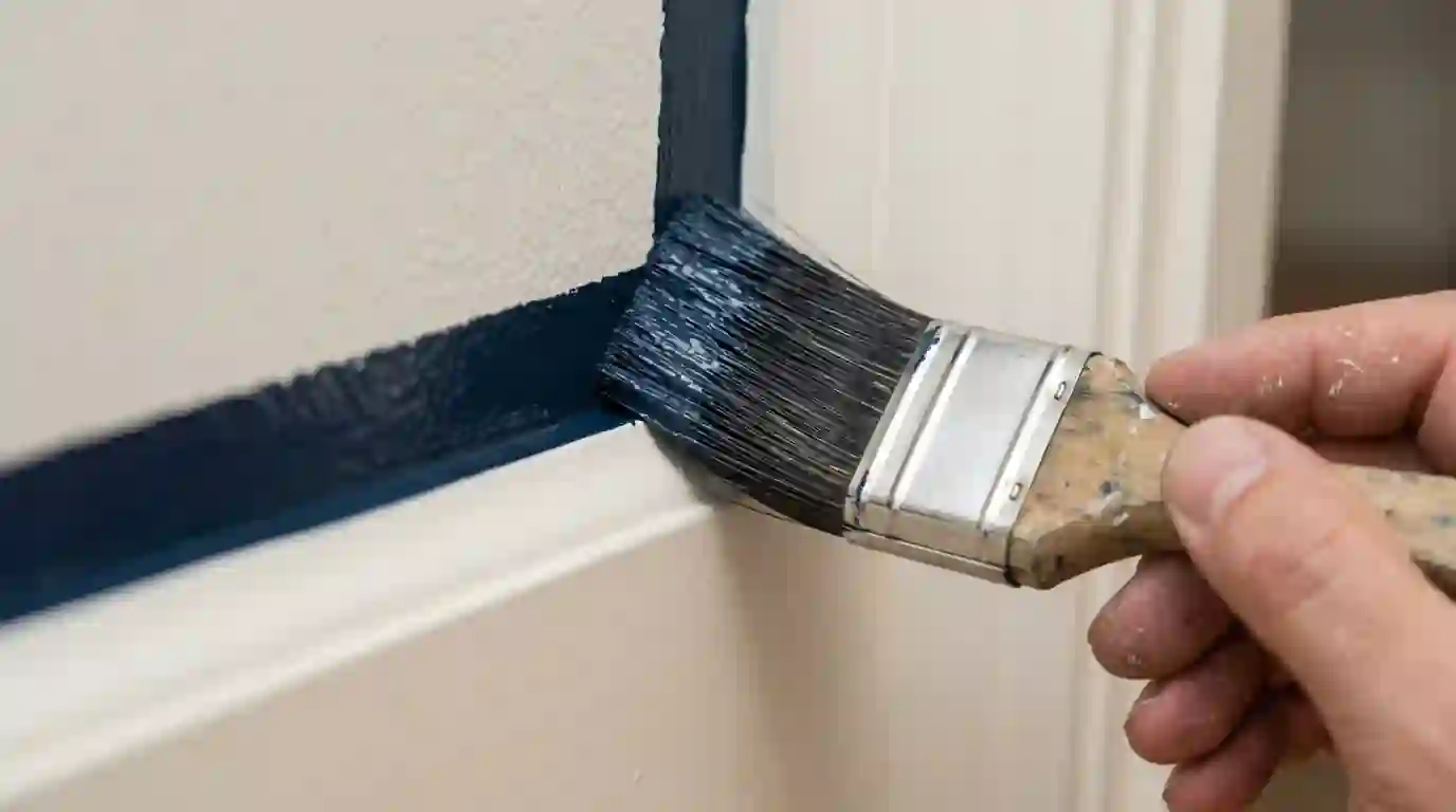 Brush cutting a clean line between gray wall and white ceiling