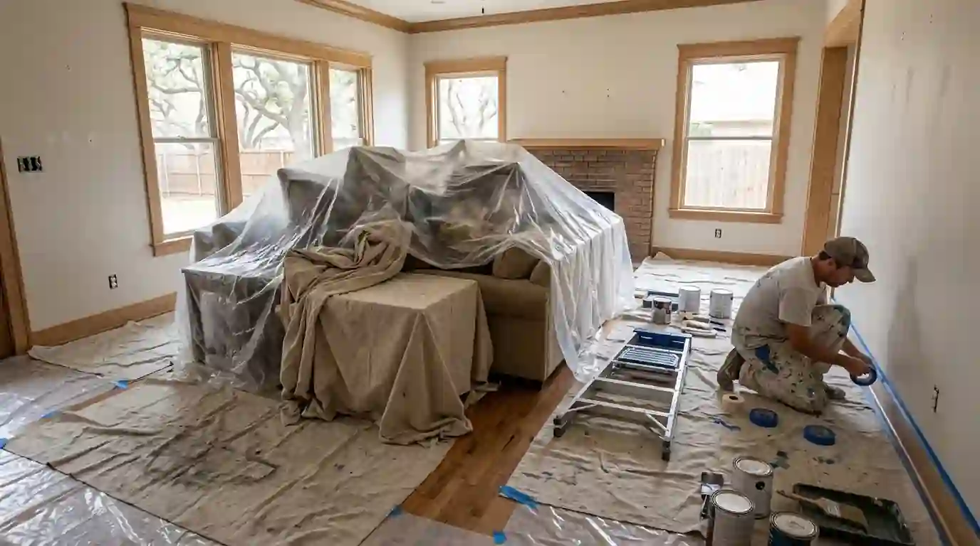 Living room furniture covered and walls ready for painters