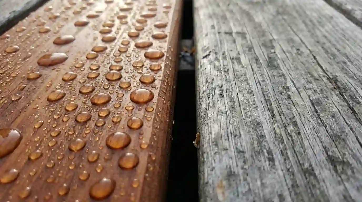 Water beading on freshly stained deck boards
