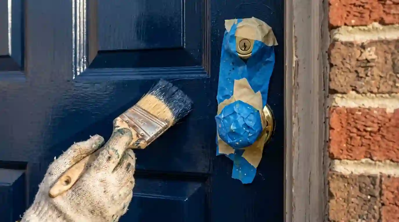 Front door being repainted navy before listing a home