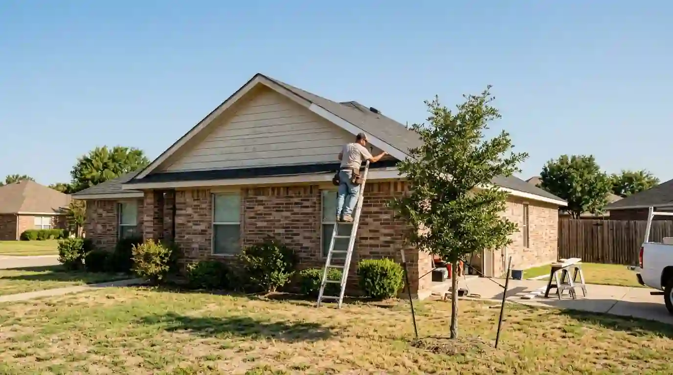 Painter replacing fascia on a Johnson County brick home before repainting