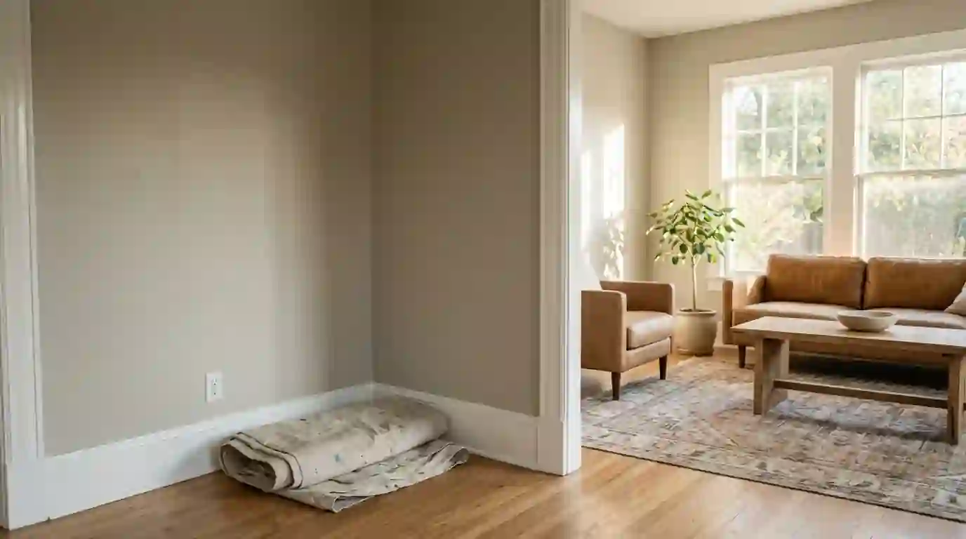 Matte walls and semi-gloss trim in a freshly painted living room