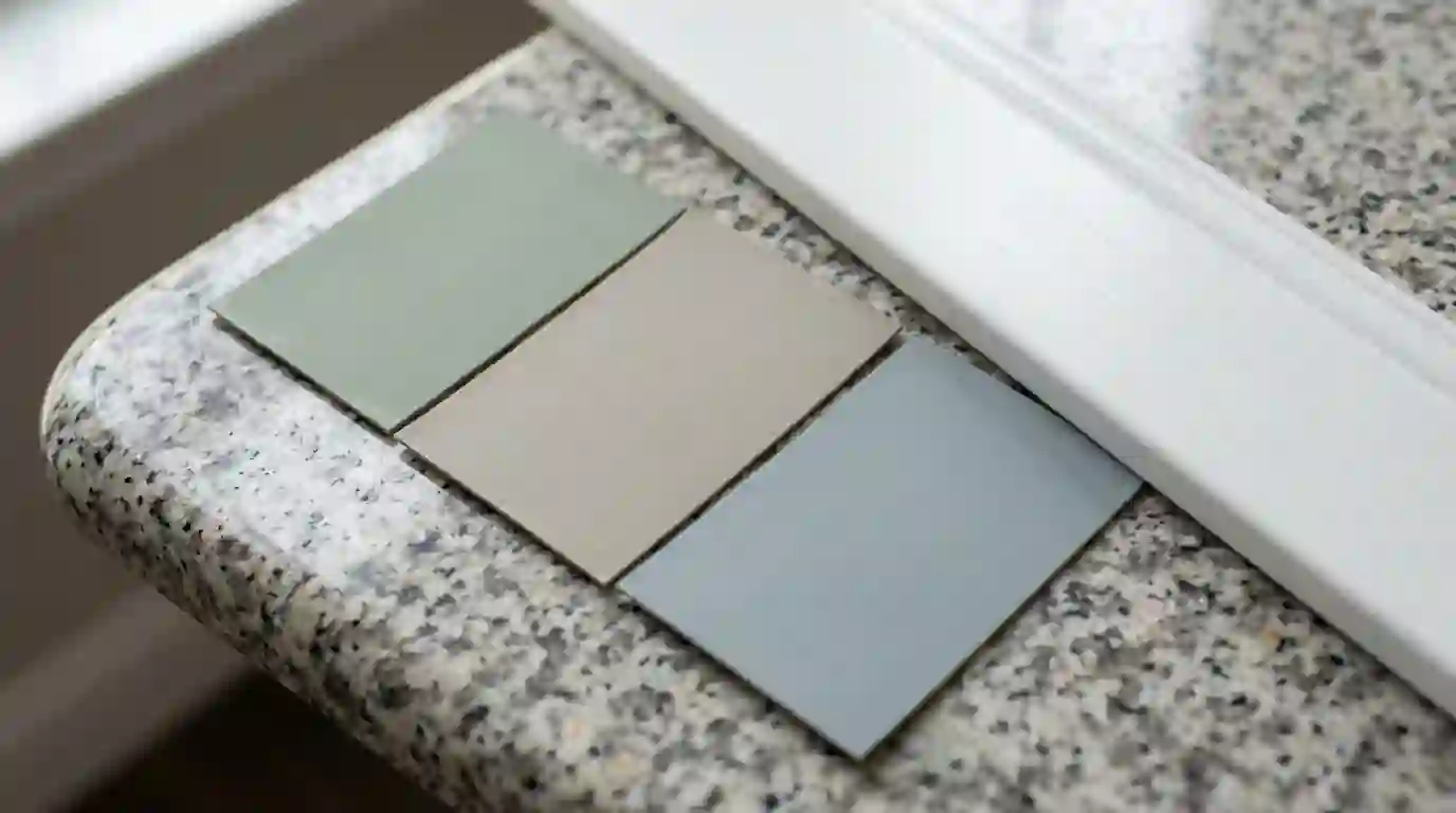 Paint swatches beside white trim and a granite countertop