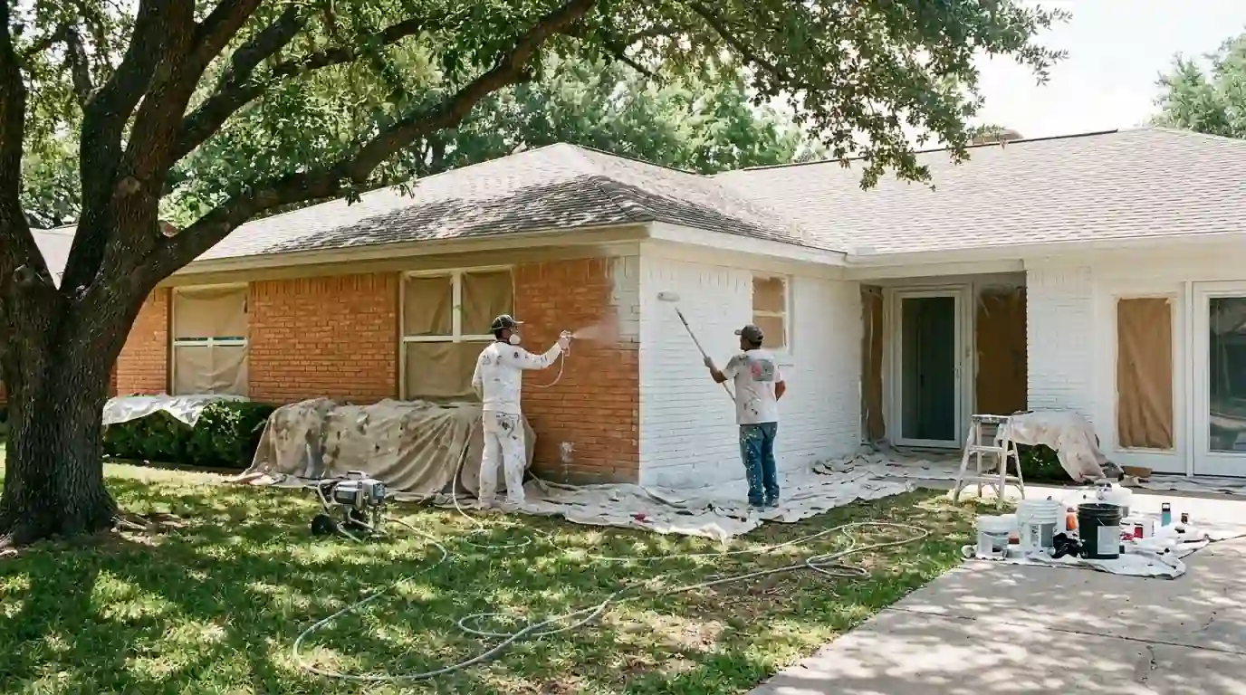 Painters coating red brick ranch house walls in soft white
