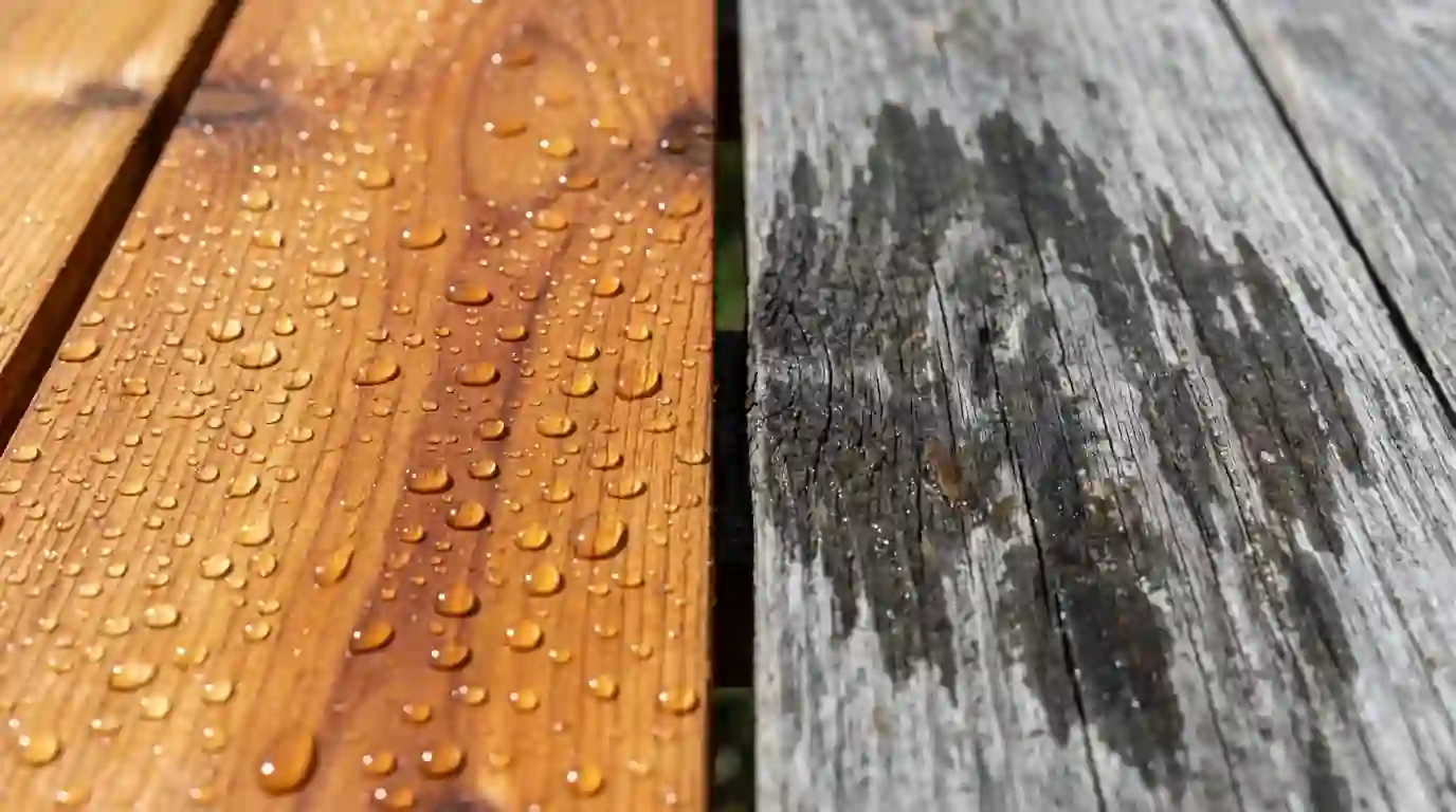 Water beading on stained cedar beside weathered fence wood