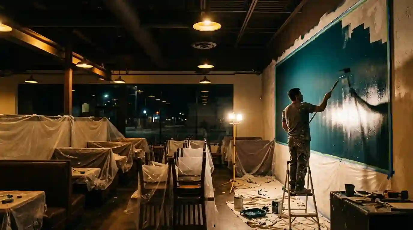 Painter refreshing a restaurant dining room wall after closing time