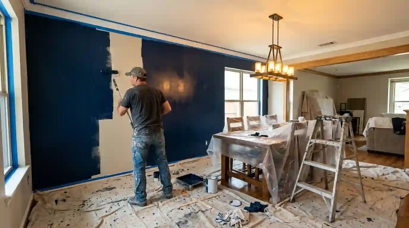 Painter rolling a navy accent wall in a dining room