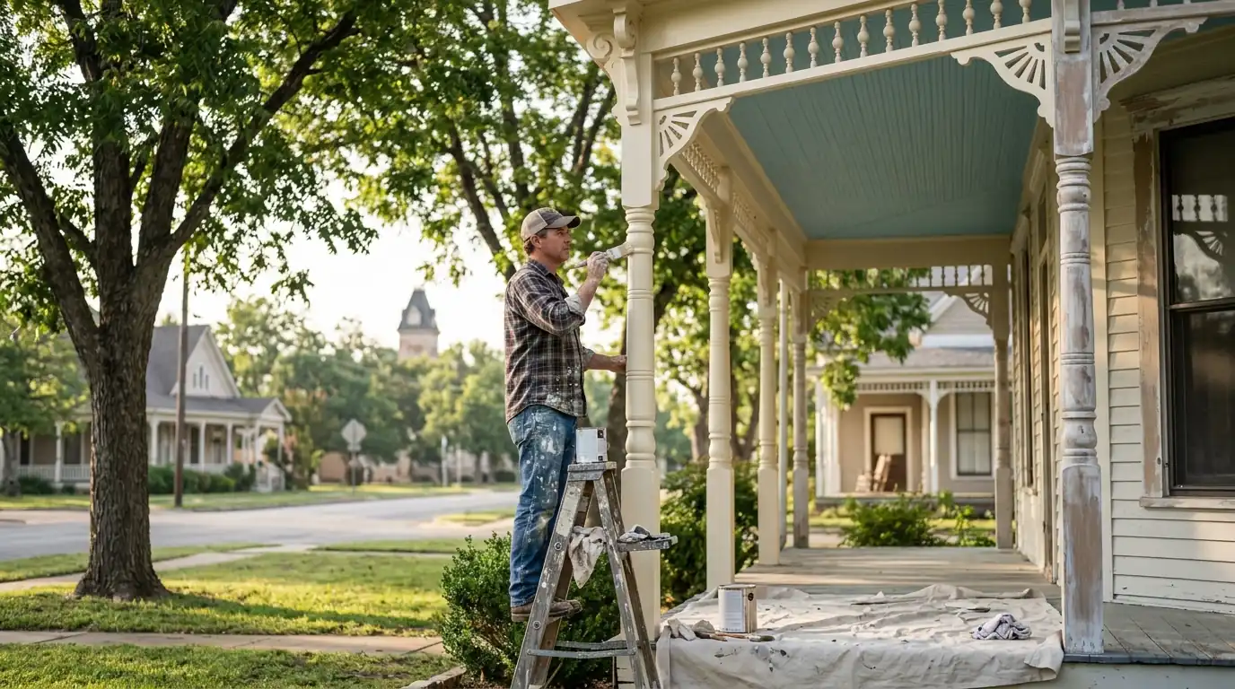 Painter brushing porch columns on a historic Weatherford Victorian home