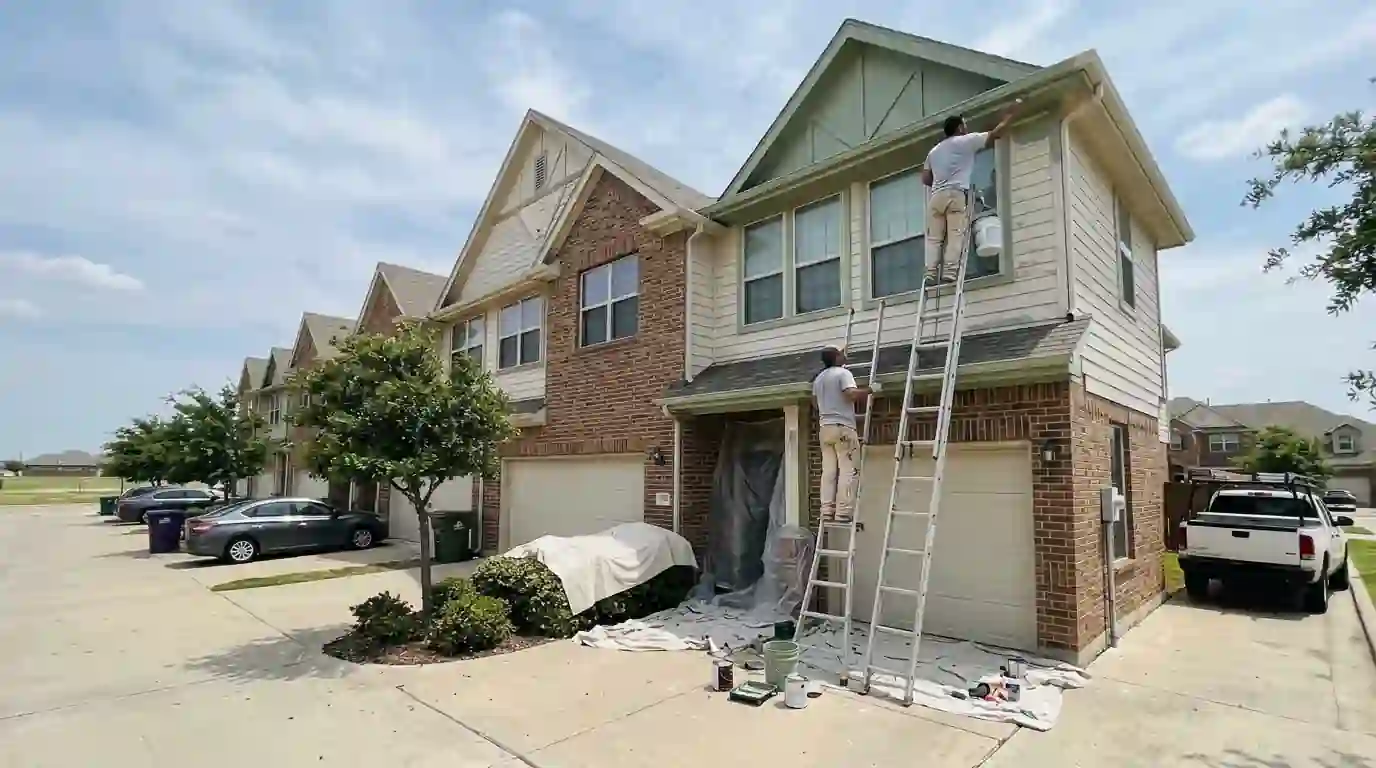 Painters updating trim on HOA townhomes in a Fort Worth community
