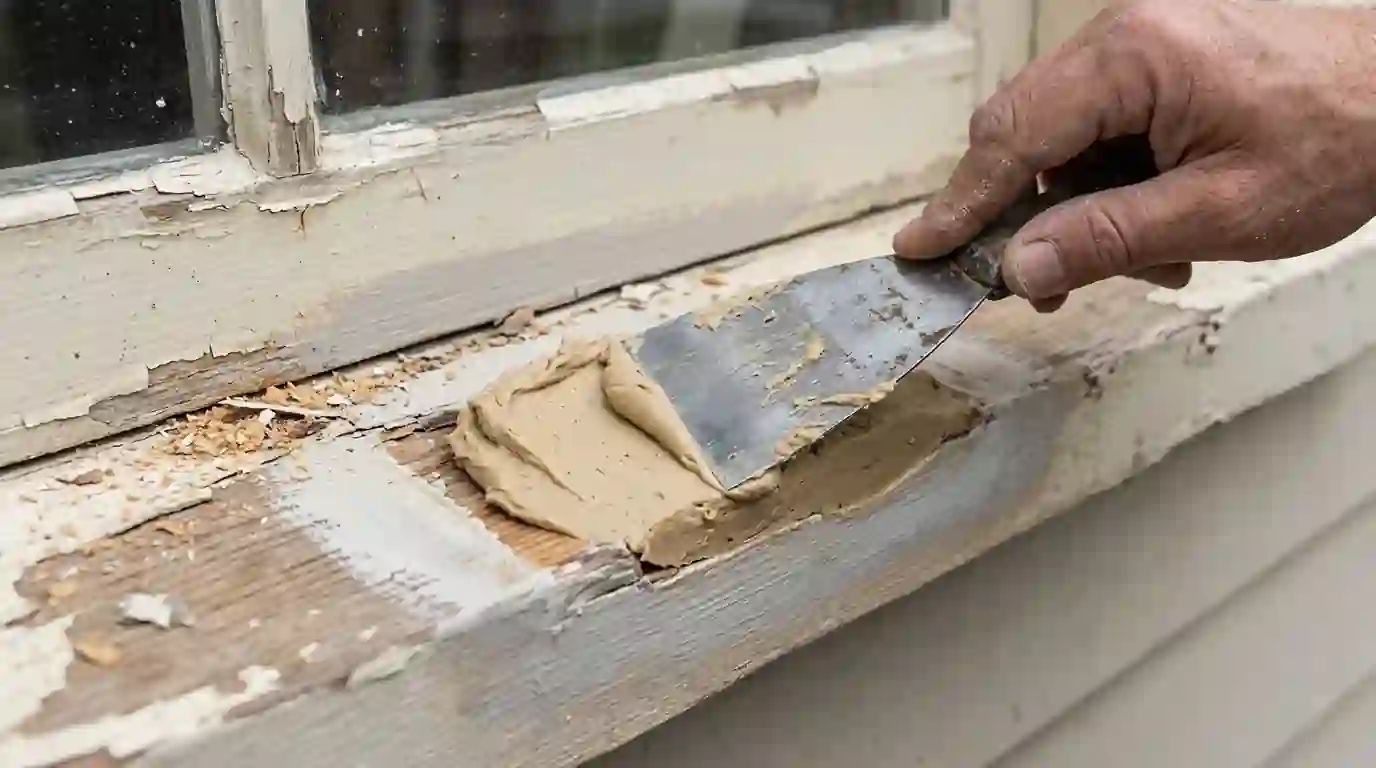 Epoxy filler being shaped into a rotted window sill