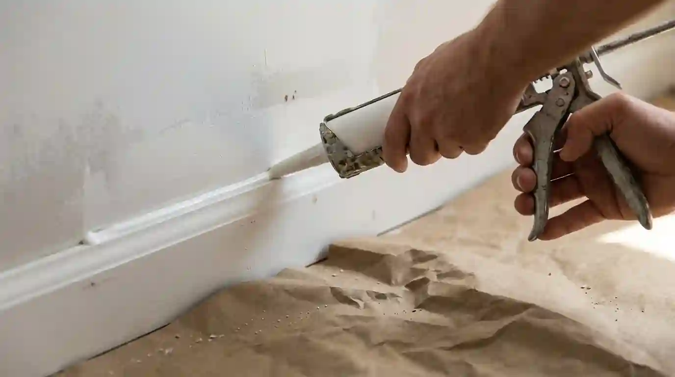 Caulking new baseboard trim before painting in a new home